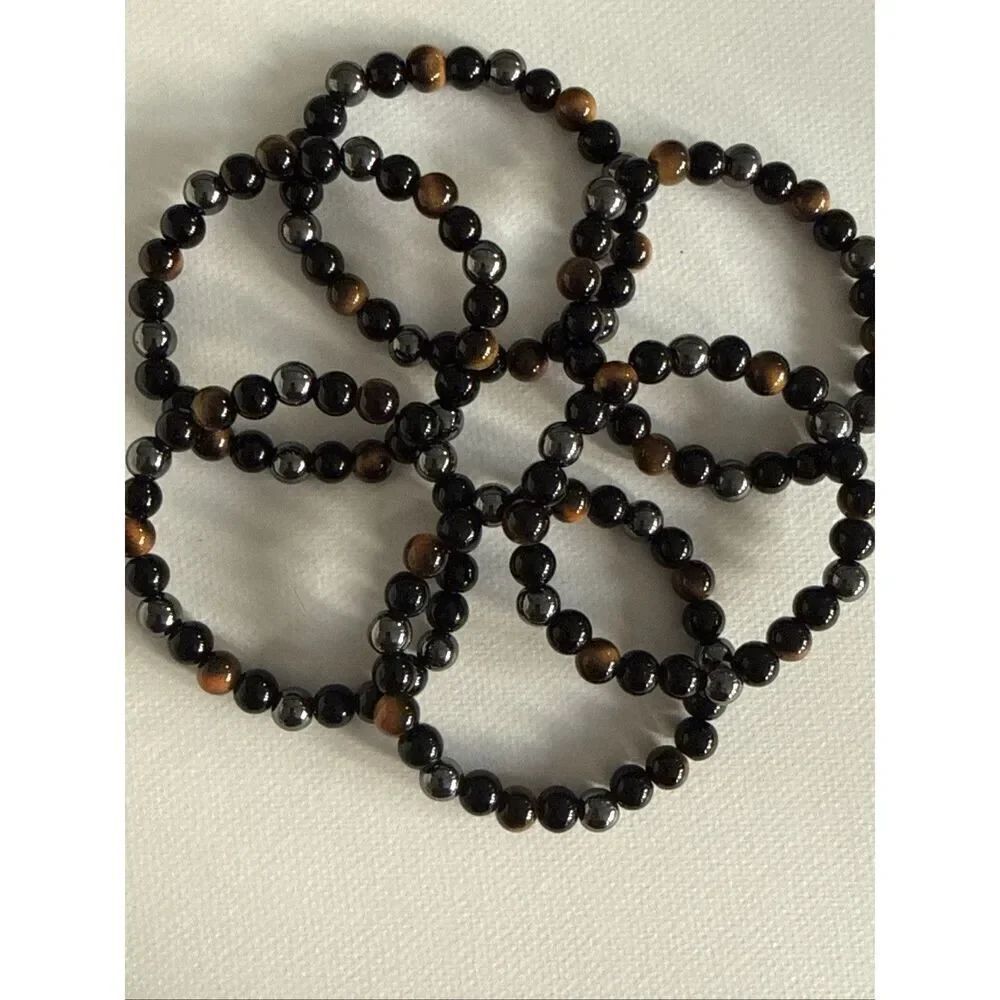 Set of 6 Tiger’s Eye Pattern and Hematite Finish Stretch Bracelets